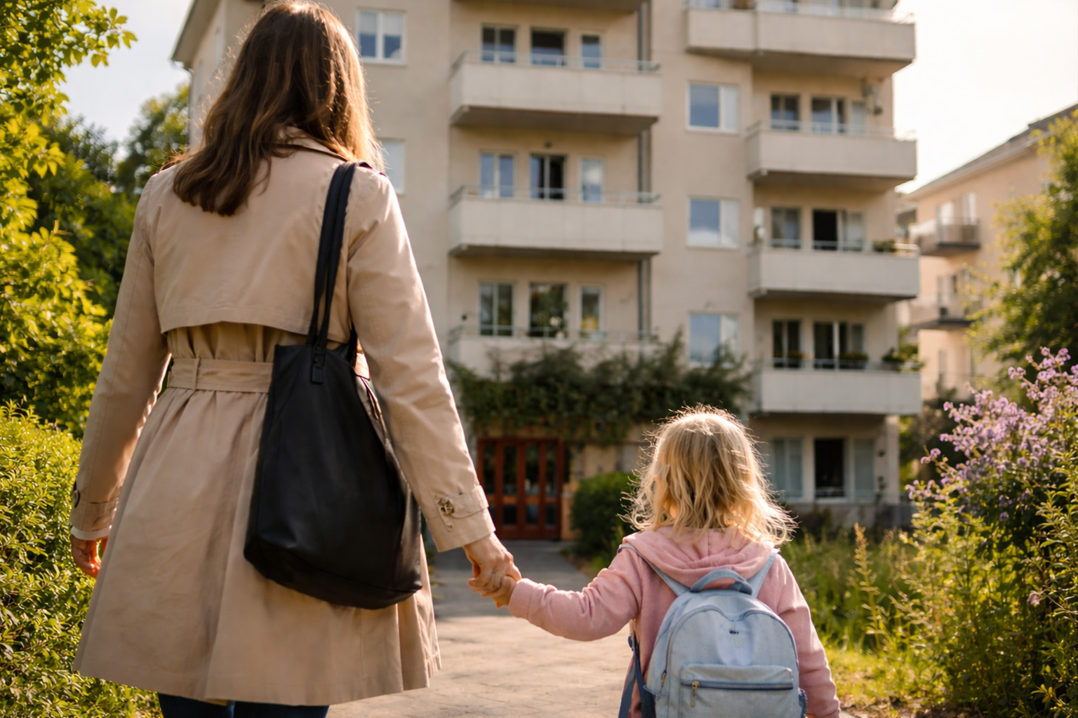 en kvinna med barn på väg in i ett av Vejbyhems skyddade boenden i Helsingborg