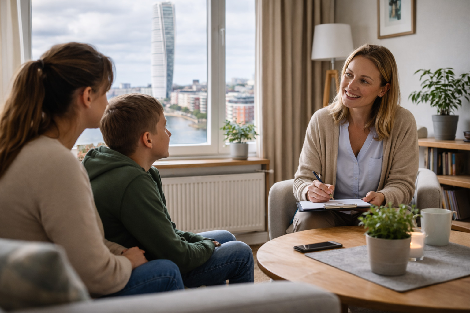En familj som samtalar med handledare i ett av Vejbyhems stödboenden i Malmö