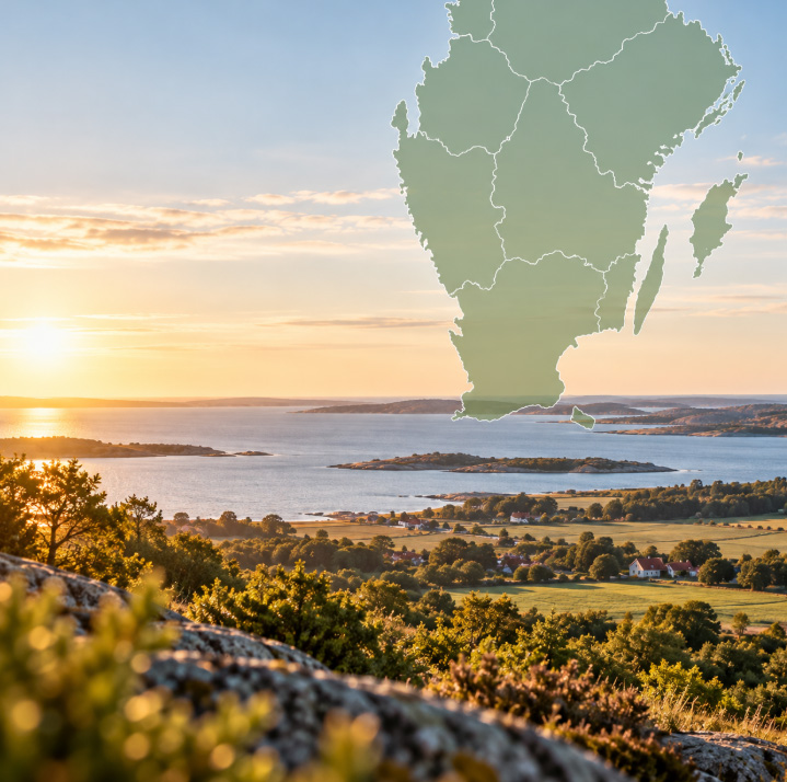 Illustration av Vejbyhems stödboende i södra Sverige med karta över regionen och en trygg, naturnära boendemiljö.