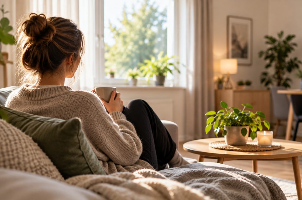 Kvinna sitter med en kopp i soffan i en ljus och hemtrevlig lägenhet som illustrerar trygghet och självständighet i stödboende hos Vejbyhem.